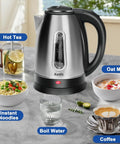 Stainless Steel Electric Kettle 1.8L With 1100W Rapid Boil, BPA Free Tea And Coffee Maker on counter with hot drinks and meals