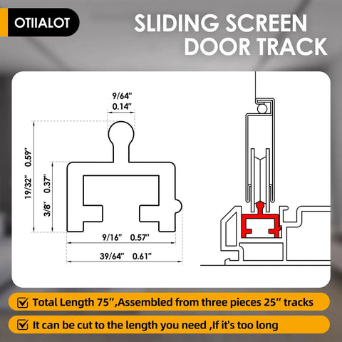 Diagram showing Anodized Aluminum Sliding Screen Door Track 75 Inch Bottom Track Replacement for Patio Doors with measurements.