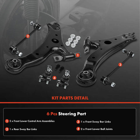 Front Lower Control Arms And Ball Joints 6 Piece Suspension Overhaul Kit Bolt On Replacement For Toyota Camry Highlander Solara Lexus RX330 350 400h ES300 ES330 Stop Death Wobble detailed parts view.