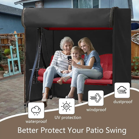 Rugged Outdoor Swing Cover For A 3 Seat Hammock And Patio Furniture Waterproof All Weather Protection 87 Inch Long 60 Inch Wide 72 Inch High Windproof UV Shield For Porch Gliders And More on a swing with family sitting.