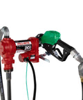 Heavy Duty 12V Fuel Transfer Pump With 20 GPM Flow Rate Cast Iron Construction Auto Shut Off Nozzle And Swivel Discharge Hose For Diesel Gasoline Kerosene And Biofuel Blends Built Like A Tank close-up view of pump and nozzle.