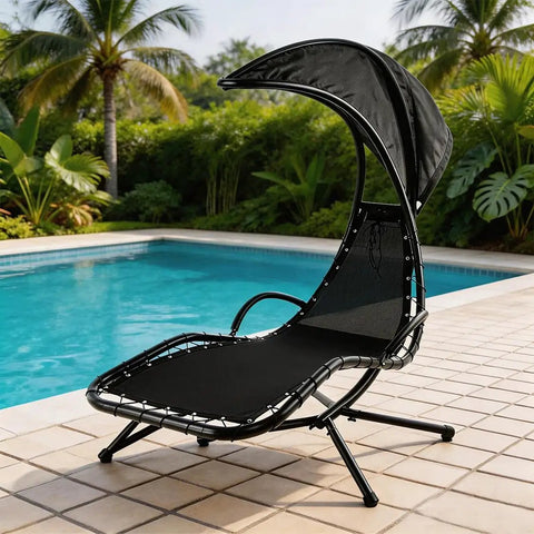 Heavy Duty Replacement Mesh With Rope Kits For Hanging Lounge Chair Curved Chaise Outdoor Patio Waterproof Black With Storage Bag And 350 Lbs Capacity installed poolside