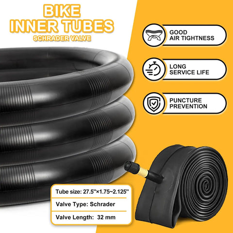 2-Pack 27.5x2.1 Inch Mountain Bike Tires With Folding Bead Includes Schrader Valve Inner Tubes And Tire Levers For Off Road Riding Fits 27.5-Inch Wheels 40 PSI 30 TPI 32 mm Valves showing coil of inner tubes with Schrader valve and specifications