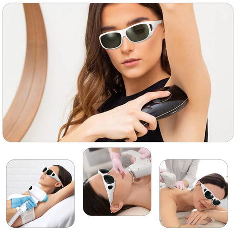 Tough IPL Laser Safety Glasses Lock In Eye Protection With Ansi Z87 Stamp And Broad 200 To 2000Nm Filter For Hair Removal And Med Spas used during treatment.