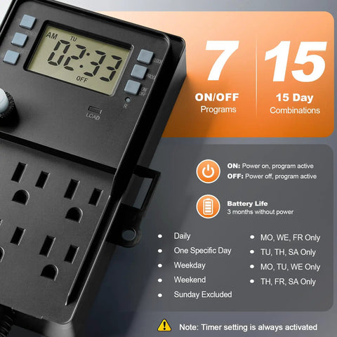 Heavy Duty Outdoor Power Stake With 7 Day Programmable Digital Timer showing digital display and control buttons for landscape lighting.