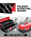 Heavy Duty Portable Three Layer Folding Tool Box With Grippy Carry Handle And Deep Trays For Jobsite Or Mechanics Gear, showcased open with three tiers.