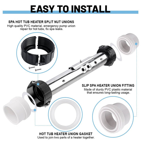 Exploded view of XT hot tub heater split-nut union and 2-inch tailpiece with PVC fittings and gasket