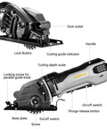 Close-up view of Compact Electric Mini Circular Saw With Adjustable Depth Dial And Three Heavy Duty Blades, showing features and controls.