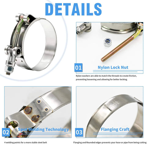 12 Piece Peromi T Bolt Radiator Hose Clamp Set Heavy Duty Stainless Steel Clamps In Six Sizes From Three Quarter Inch To Two Inch For Turbo Intercooler And Intake Hoses Working Range Twenty Eight To Sixty Four Millimeters showing close-up on clamps, lock nut, welding, flanging details.