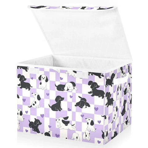 Heavy Duty Foldable Storage Bin With Secure Flip Top Lid And Sturdy Handles For Bedroom Organization Closet Decluttering, purple dog design.