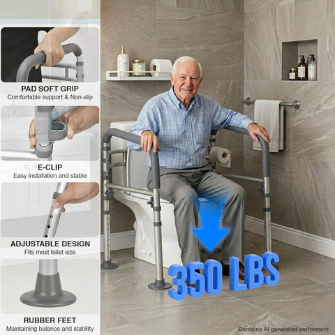 Solid Heavy Duty Toilet Safety Rails For Seniors Adjustable Height And Width 350 Pounds Rust Resistant Aluminum Bathroom Support Frame with soft grip.