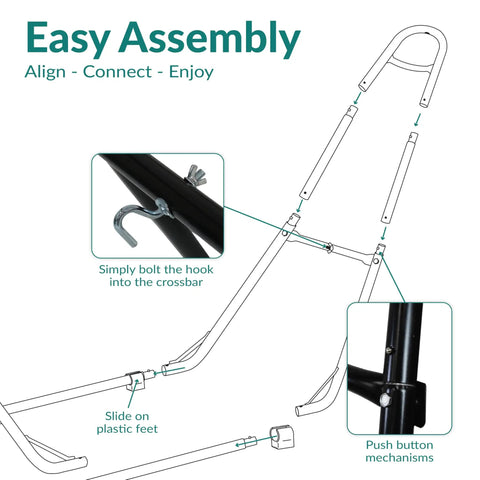 Illustration of Universal Outdoor Hammock Stand Heavy Duty 550 Pound Capacity with instructions for easy assembly, black color.