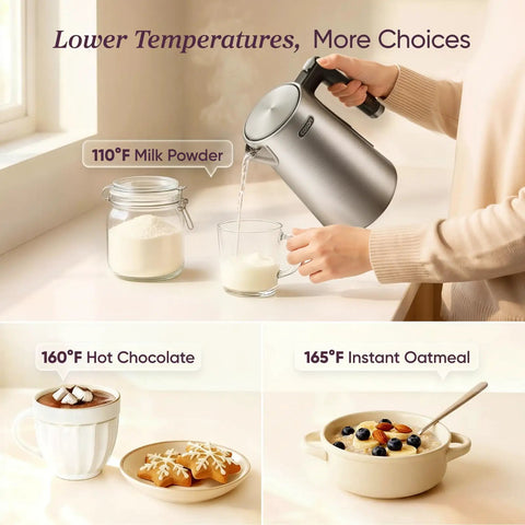 Woman using Fast Boiling 1.7L Electric Kettle With Plastic Free Interior And 5 Presets For Tea And Coffee for milk powder