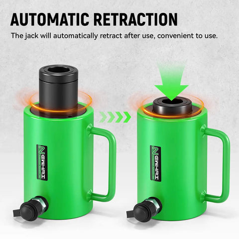 Heavy Duty Hollow Hydraulic Cylinder Jack With Two Inch Stroke Porta Power Ram For Garage Jobs And Frame Straightening Delivering Hella Strong Strength And Zero Sweat Operation showing automatic retraction feature.