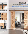 Rock Solid Eight Foot Double Sliding Barn Door Track Hardware Kit with Straight Pulley and Hella Smooth Quiet Rollers for wall mount setup.