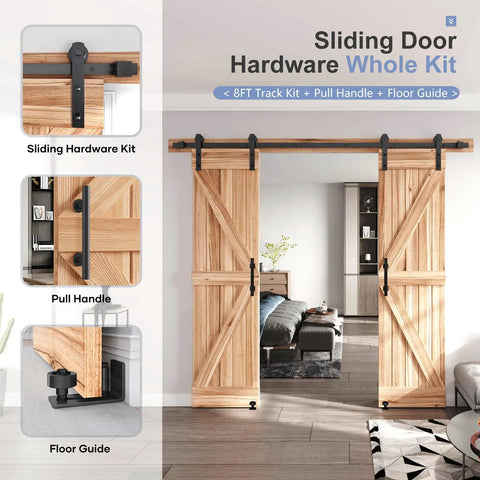 Rock Solid Eight Foot Double Sliding Barn Door Track Hardware Kit with Straight Pulley and Hella Smooth Quiet Rollers for wall mount setup.