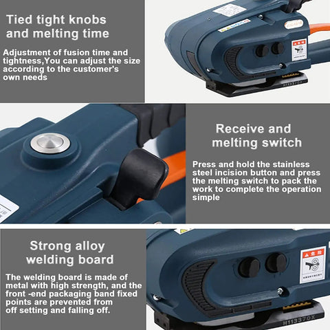 Pro Grade Electric Handheld Strapping Machine 4000 Mah Battery Portable Auto Fusion Welding Tool No Hassle Snip And Seal Design, showing adjustment knobs.