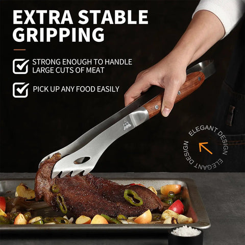 Heavy Duty Rosewood Handle BBQ Grill Tongs Measuring 16.7 Inches Long, Premium Stainless Steel Grilling Tool holding meat