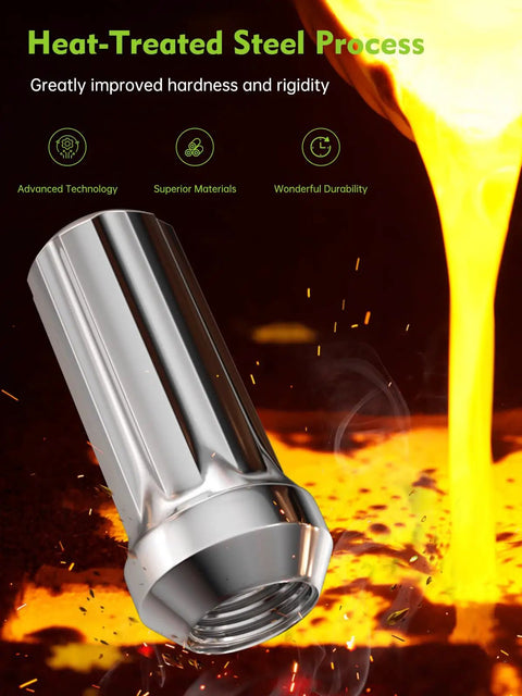 Built Different Chrome Spline Lug Nuts With M14x1.5 Thread And 60 Degree Tapered Seat For Trucks And Suv Includes Socket 24 Piece Set Heavy Duty Wheel Hardware Beat Down Tested, showcasing heat-treated steel process.