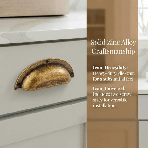 Transform Your Kitchen Setup With 3 Inch Antique Brass Cup Pulls Heavy Duty Solid Zinc Alloy Drawer Handles Vintage Home Office Cabinet Knobs 6 Pack, showing solid zinc alloy craftsmanship on a drawer.