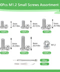600Pcs M1.2 Metric Micro Screws And Nuts Assortment Kit featuring different sizes and tools for electronics and DIY projects.