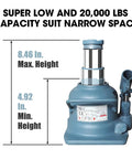 Beefy 10 Ton Double Ram Ultra Low Profile Hydraulic Bottle Jack For Auto Repair And Home Lifts, Retracted 4.9 In To 8.5 In, Welded Steel Blue Car Jack