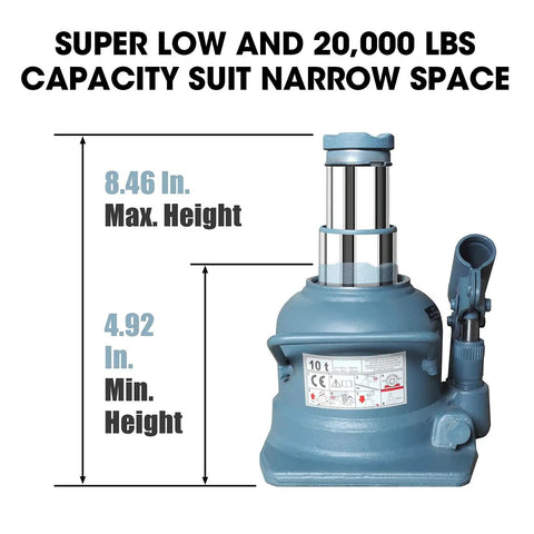 Beefy 10 Ton Double Ram Ultra Low Profile Hydraulic Bottle Jack For Auto Repair And Home Lifts, Retracted 4.9 In To 8.5 In, Welded Steel Blue Car Jack