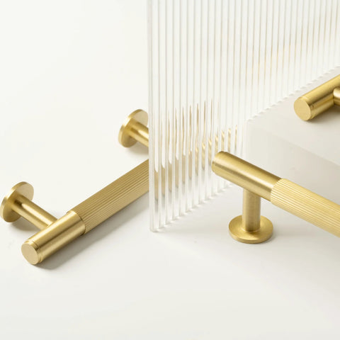 Two Pack Solid Brass Cabinet Pulls With Grooved Gold Bar Handles, 12.6 Inch Center To Center, Brushed Brass Finish, Ideal For Cabinets