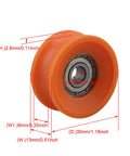 Top Shelf 4 Piece U Groove Pom Pulley Pack Featuring A Clean 6 mm Bore And 30 mm Rim Built Tough For 79 Kg Load Capacity And Slick Fast Spin On Any Hardworking DIY Assembly Project, orange POM pulley with bearing dimensions.