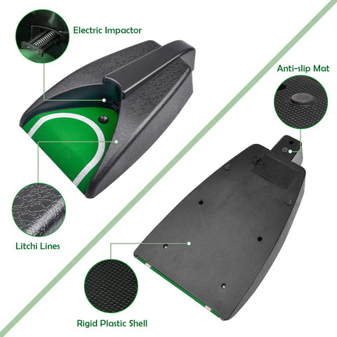Auto Returning Golf Putting Training Aid For Indoor And Outdoor Practice Cordless Battery Powered With Two AA Batteries Not Included Durable Plastic Build Easy Setup Perfect For Home Office And Backyard Golf Practice showing electric impactor and anti-slip mat.
