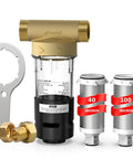No Nonsense Spin Down Sediment Water Filter With Swivel Stainless Steel Mesh And Easy Rinse Scraper Yields Clean Tap Water Using Switchable 40 Or 100 Micron Screens For Straightforward Household Plumbing kit showing brass housing, transparent filter chamber, and dual screens.