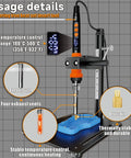 Heat Set Insert Tool Kit with 90W Digital Soldering Iron, adjustable temperature, showing exhaust vents, temperature range, and brass kit