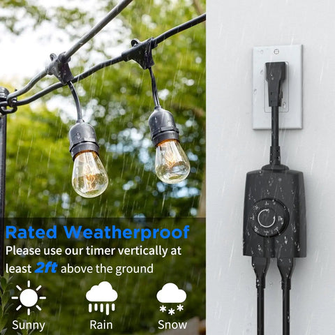 Built Tough Outdoor Dusk To Dawn Sensor Timer With Two Grounded Outlets Weather Resistant 15 Amp Socket Adapter connected to string lights.