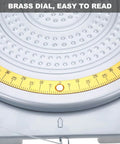 Close-up of brass dial on Wheel Alignment Turn Plates 360 Degree Rotating 4 Ton Capacity Pair for Car and Truck.