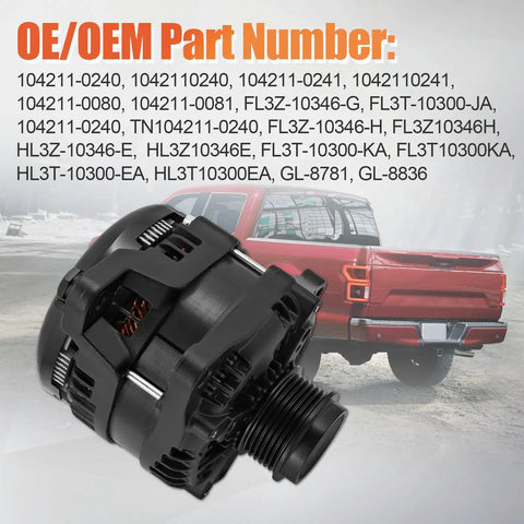 Heavy Duty 330 Amp High Output Alternator Fits Ford F150 Pickup With 5.0L And 3.3L Engines 2011 To 2020 close-up view showing OE part numbers