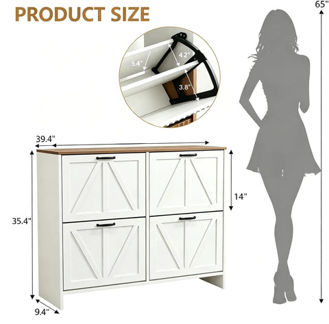 Sleek Barn Door Shoe Cabinet With Four Flip Drawers And Three Adjustable Shelves Ultra Slim Freestanding Modern Rustic White Finish with dimensions.