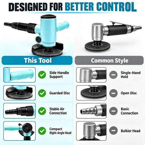 4 Inch Pneumatic Angle Grinder Blows Dust Away For Crisp Visibility While Banging Out Heavy Weld Prep and polish jobs with side handle support.