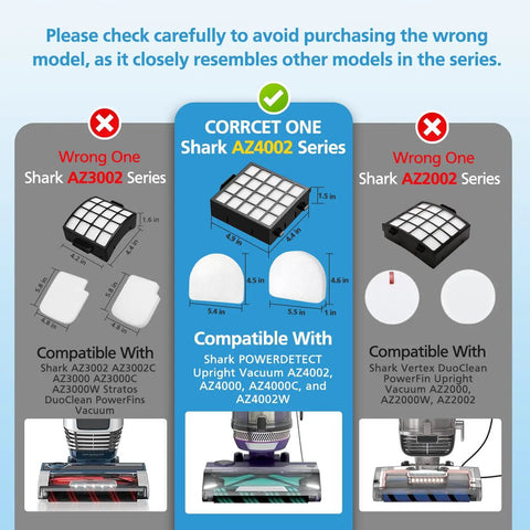 Comparison chart showing correct Replacement Filter Set for POWERDETECT Upright Vacuums AZ4002 AZ4000 AZ4000C AZ4002W and incorrect models.