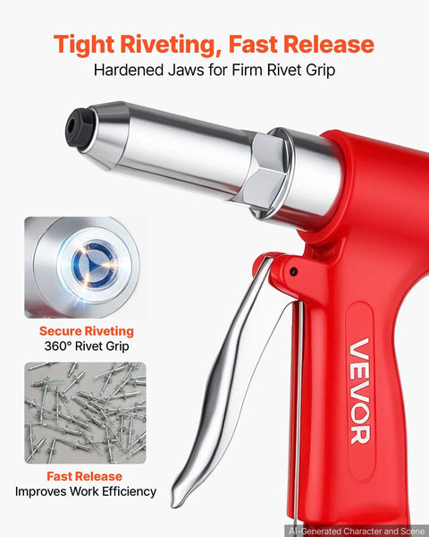 Heavy Duty Pneumatic Rivet Gun Kit With Five Jaw Sets For Quick Fastening Hella Durable Air Riveter showing hardened jaws and trigger action.
