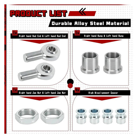 Built Tough 1.25 Inch Heim Joint Rod End Linkage Kit featuring alloy steel rod ends and spacers for vehicle steering.