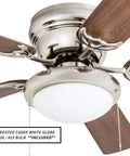 Low Ceiling Friendly Hugger 52 Inch White Ceiling Fan With Bowl Light Kit, Frosted Light, visible dual finish blades.
