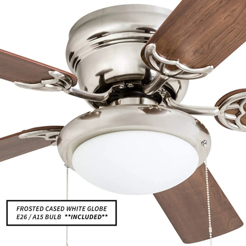 Low Ceiling Friendly Hugger 52 Inch White Ceiling Fan With Bowl Light Kit, Frosted Light, visible dual finish blades.