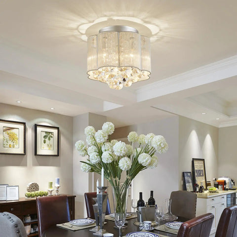 Crystal Flush Mount Ceiling Light With White Fabric Shade, 12 Inch Modern Drum Fixture, dining room view.