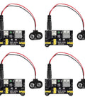 Four MB102 Solderless Breadboard Power Supply Modules 3.3V And 5V With 700mA Output DC 6.5-12V Or USB and 9V battery clips.