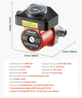 Heavy Duty Hot Water Recirculating Pump Kit With Smart Programmed Timer And Adjustable Bypass Valve For Zero Wait Tanks 10 GPM Flow Pro Grade Stainless Steel Circulator 110V Setup in black and orange with dimensions.