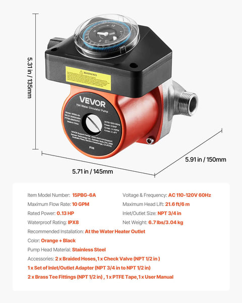 Heavy Duty Hot Water Recirculating Pump Kit With Smart Programmed Timer And Adjustable Bypass Valve For Zero Wait Tanks 10 GPM Flow Pro Grade Stainless Steel Circulator 110V Setup in black and orange with dimensions.