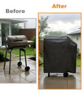 Before and after of grill with Custom Fit 35 Inch Grill Cover For DNKMOR Barrel Charcoal Grill With Side Table And Kendane Outdoor BBQ