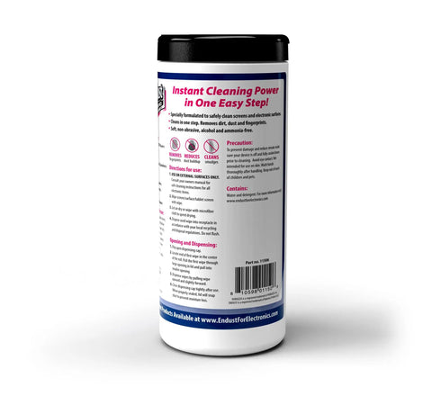 Back view of canister for Screen Cleaning Wipes For Electronics For TV Phone Computer Monitor Laptop Tablet Pre Moistened Alcohol And Ammonia Free