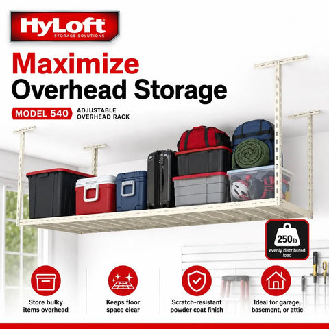 Keep That Garage Floor Clear Heavy Duty Overhead Storage Rack Adjustable Ceiling Mount 45 By 45 Inch Steel Hanging Shelf with storage bins