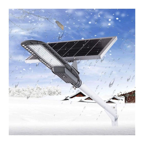 Heavy Duty 120W Solar Street Light With Motion Sensor Tough Aluminum Housing in snowy outdoor setting with solar panel